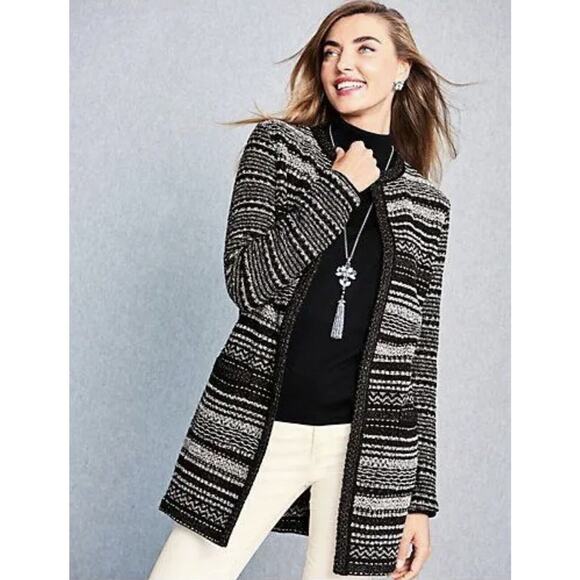 NWT TALBOTS Black Mixed Stiched Sparkle Sweater Coat Topper Petites size S - Picture 1 of 8